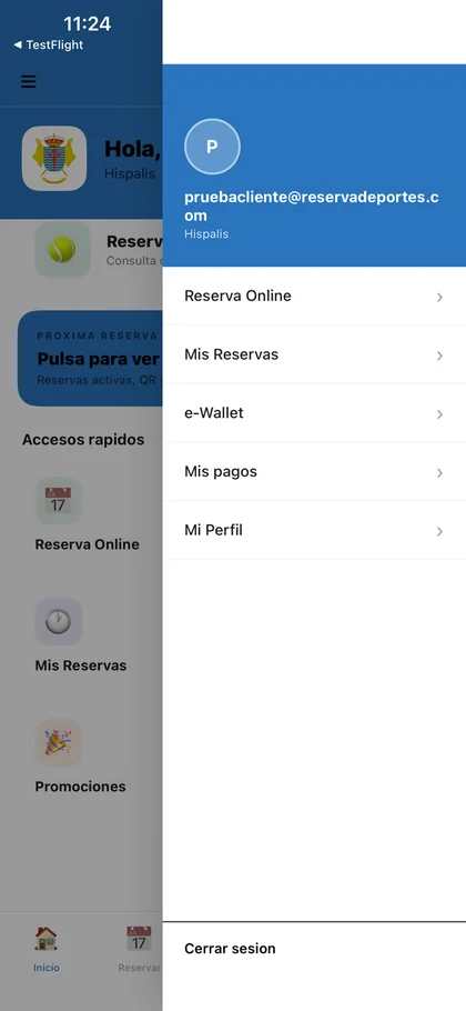 Inicio de la app del club con reservas, e-Wallet y menú