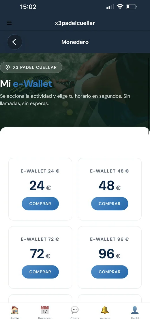 Monedero e-Wallet del club para recargar saldo en la app