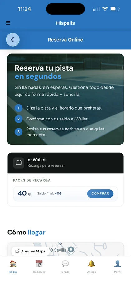 Reserva online de pista y recarga de e-Wallet en la app del club