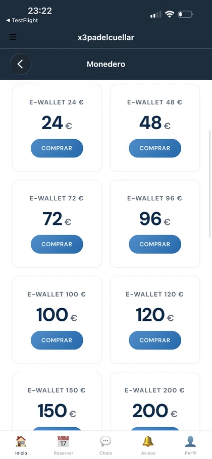 Monedero e-Wallet del club para recargar saldo en la app