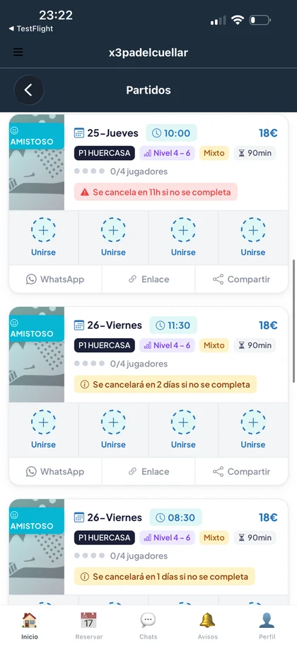 Partidos de pádel por nivel para unirse, con chat y compartir, en la app del club