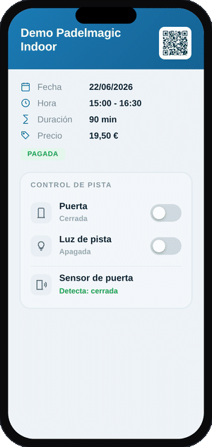 App del club: abrir la puerta y encender la luz de la pista desde el móvil, con sensores activos