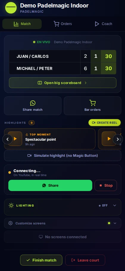 Player de pista: marcador en vivo, highlights y creación de reel