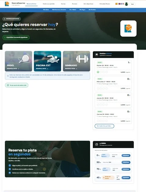 Portal de reservas con pádel, piscina y gimnasio