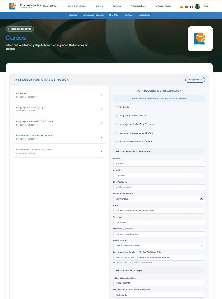 Portal municipal: inscripción online en los cursos de una escuela municipal