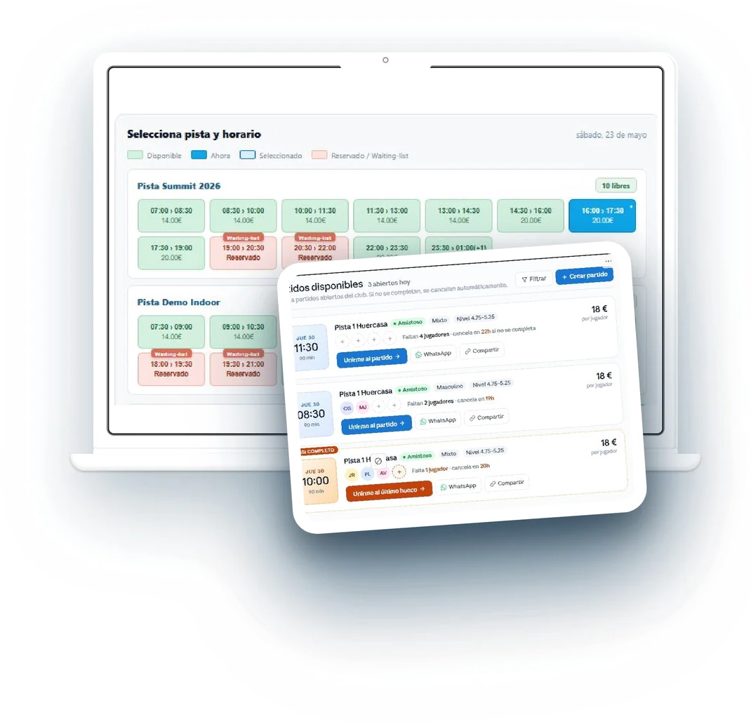 Disponibilités des terrains et horaires sur le portail de réservation, sur ordinateur et tablette