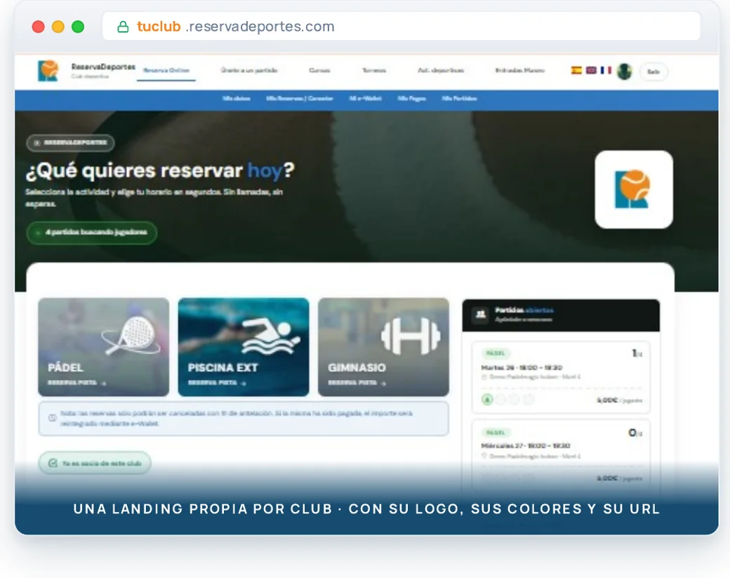 Landing propia del club para reserva online de pádel, piscina y gimnasio