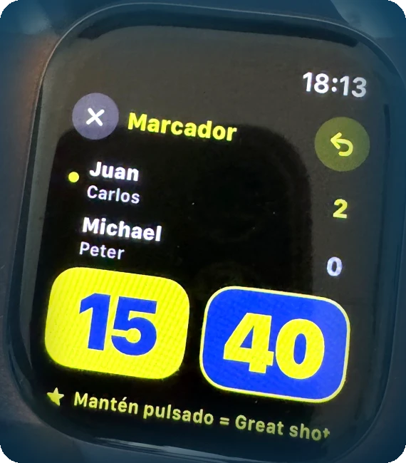 Marcador de pádel en vivo en Apple Watch, con control por toques y Great Shot